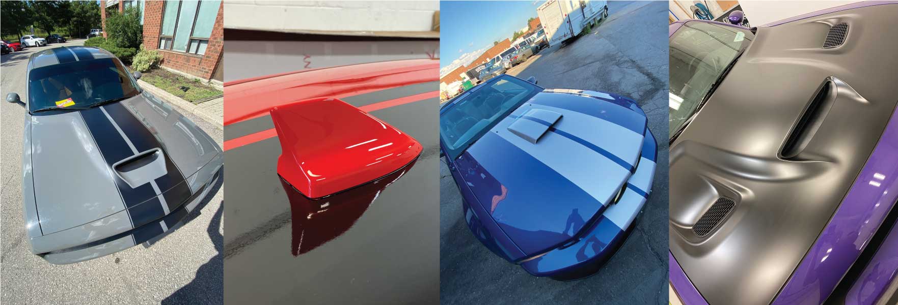 Custom racing stripes, hood wrap, on various vehicles